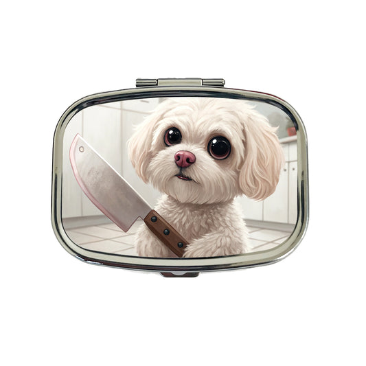 Small Fluffy Dog with a Butcher Knife Funny Scary Halloween Travel Pill Box Case