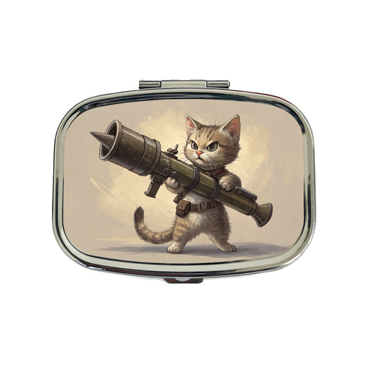 Small Fuzzy Cat Kitten with a Rocket Launcher Funny Travel Pill Box Case