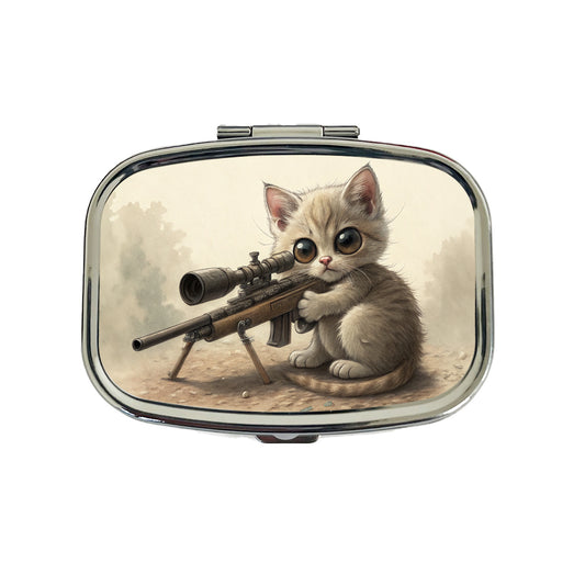 Small Fuzzy Cat Kitten With A Sniper Rifle Funny Travel Pill Box Case