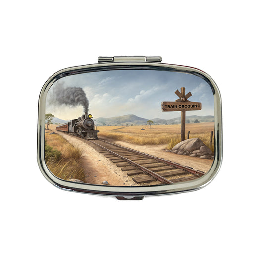 Steam Locomotive Train Crossing Old West Western Travel Pill Box Case