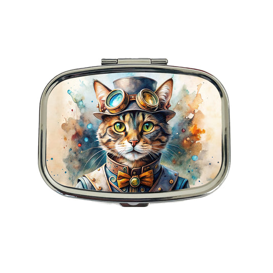 Steampunk Cat Hat and Goggles Watercolor Travel Pill Box Case