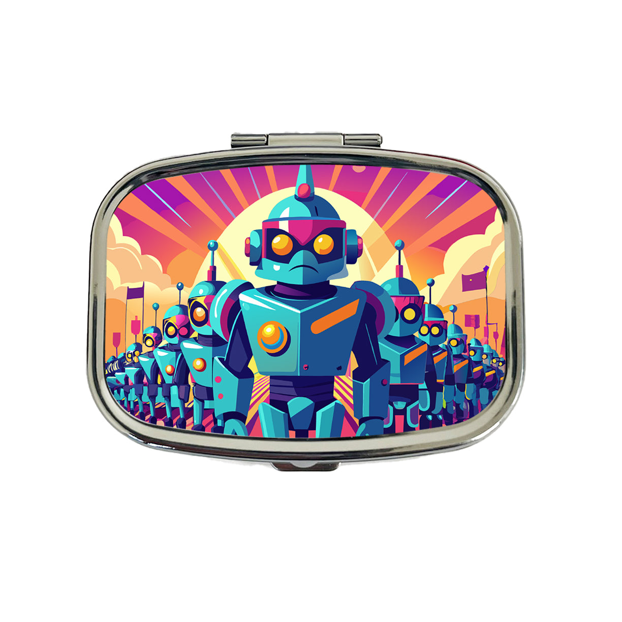 Vibrant Colored Sci-fi Robot Army Marching Travel Pill Box Case