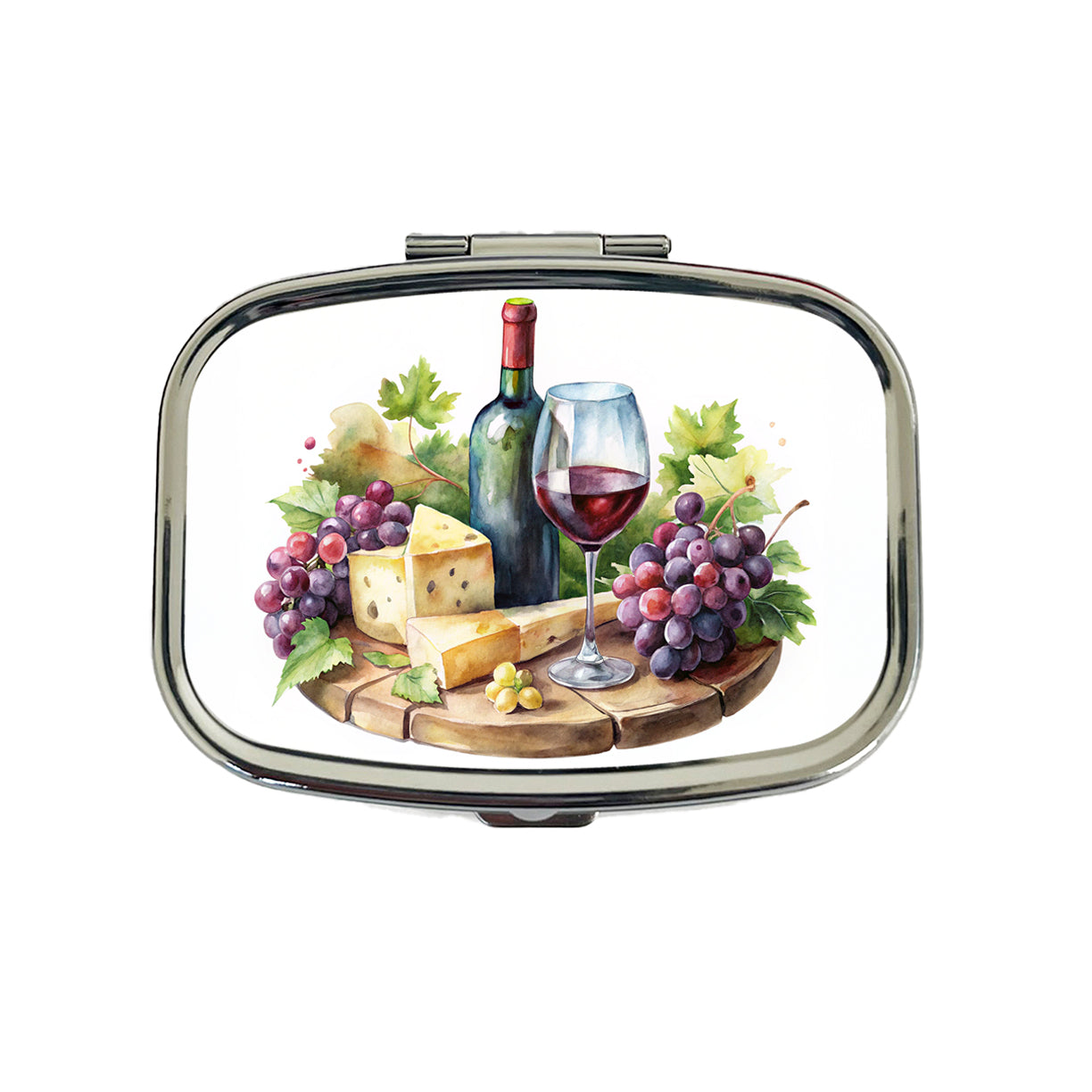 Wine Cheese Grapes on Board Watercolor Travel Pill Box Case