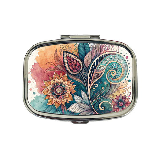 Abstract Deco Floral Leaves Swirl Design Travel Pill Box Case