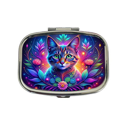 Abstract Neon Cat And Floral Design Travel Pill Box Case