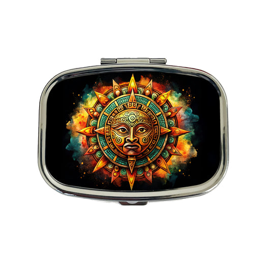 Aztec Sun God Symbol Watercolor Travel Pill Box Case
