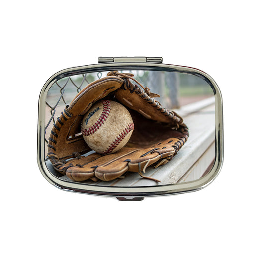 Baseball Glove With Baseball on Dugout Bench Travel Pill Box Case