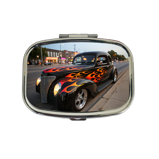 Black Hot Rod Classic Car With Flames Travel Pill Box Case