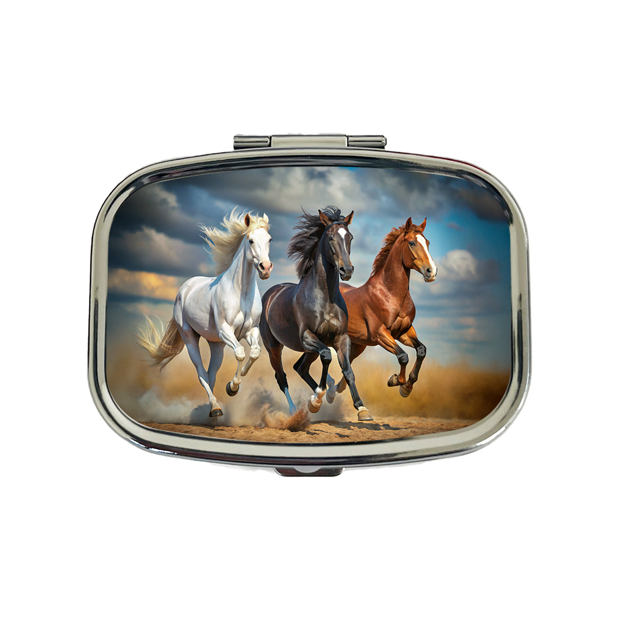 Black White and Brown Horses Galloping Travel Pill Box Case