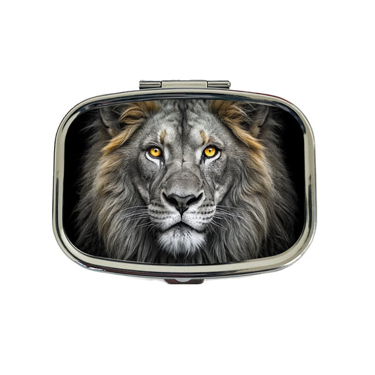 Black White Lion's Face with Gold Eyes Travel Pill Box Case