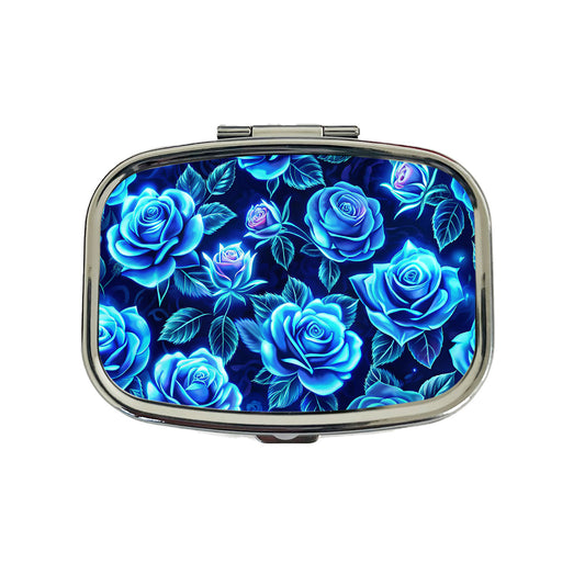 Blue Neon Rose Floral Pattern Travel Pill Box Case