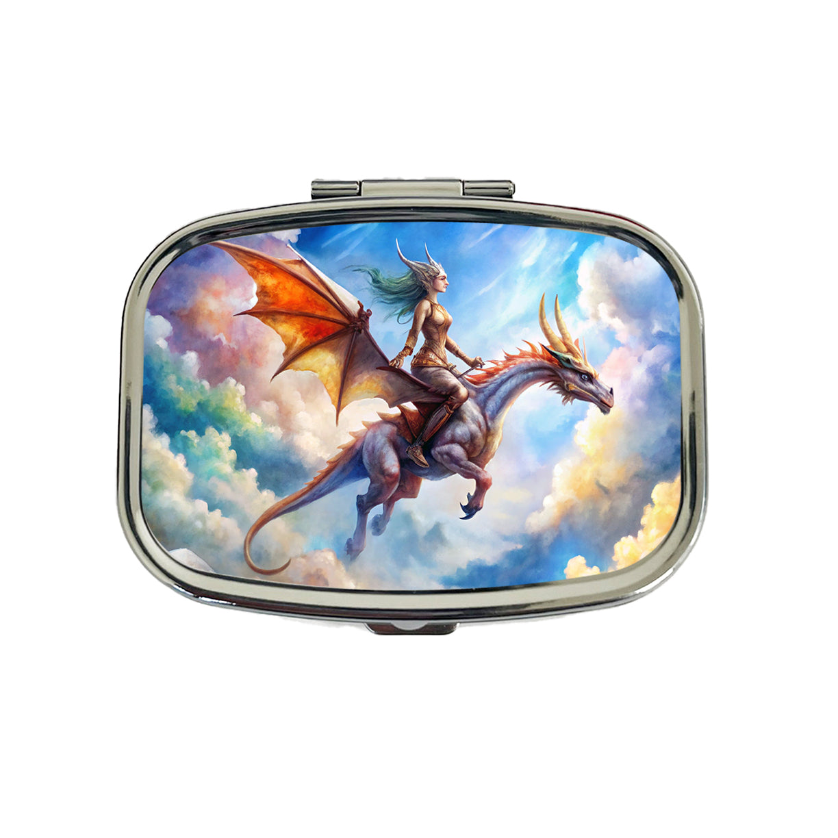 Dragon and Rider Flying Watercolor Travel Pill Box Case