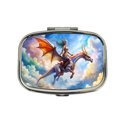 Dragon and Rider Flying Watercolor Travel Pill Box Case