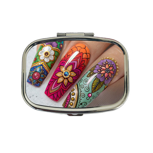 Elaborately Painted Decorated Finger Nails Travel Pill Box Case