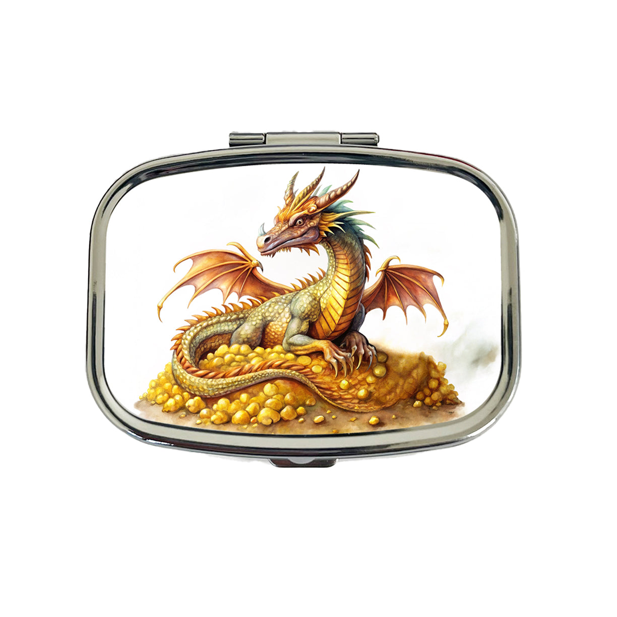 Fantasy Dragon and Gold Horde Watercolor Travel Pill Box Case