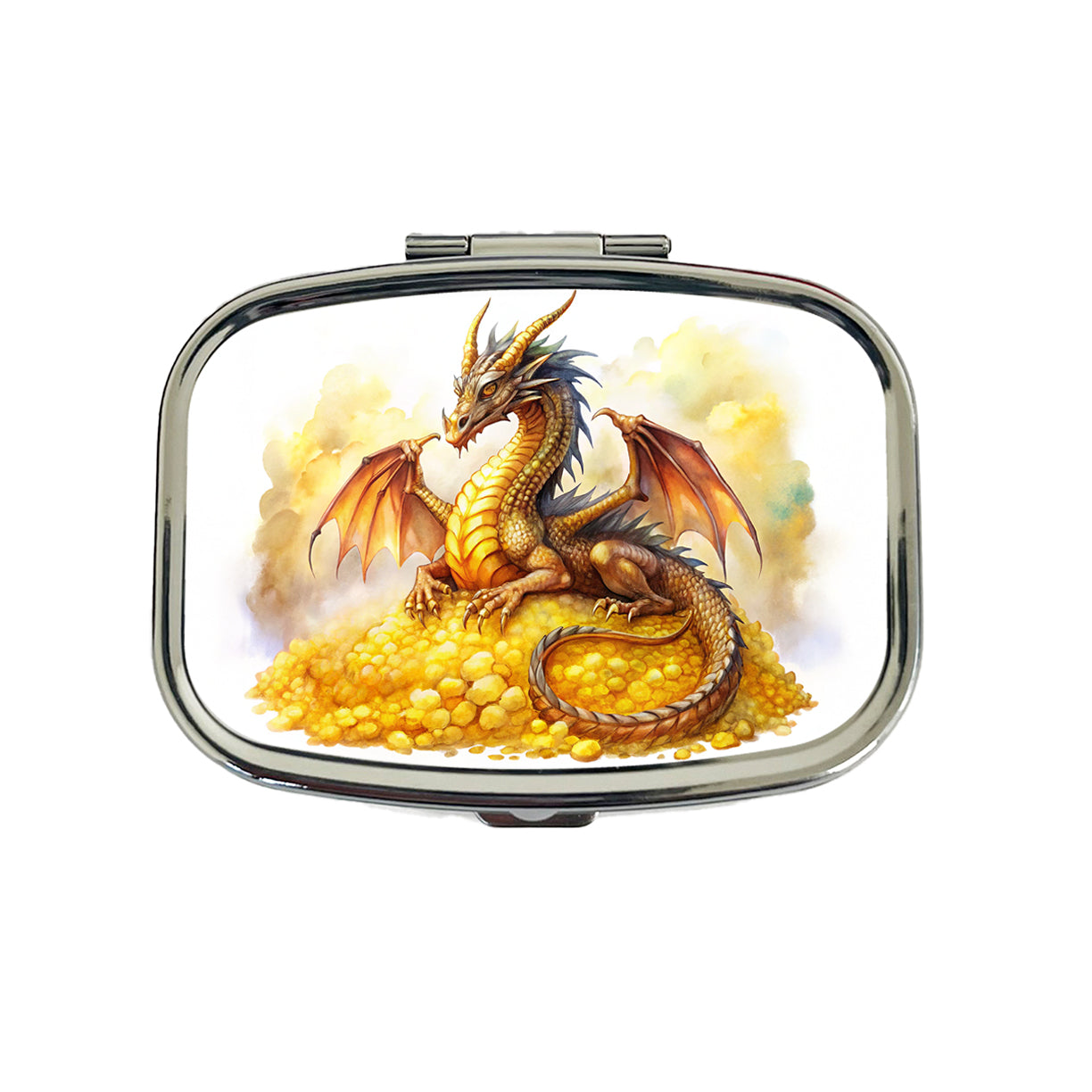 Fantasy Dragon Laying on Gold Watercolor Travel Pill Box Case