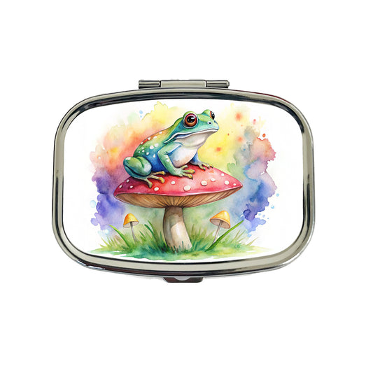 Frog Sitting On A Magical Mushroom Watercolor Travel Pill Box Case