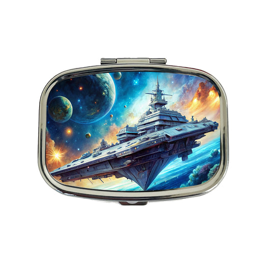 Giant Sci-Fi Warship In Space Watercolor Travel Pill Box Case
