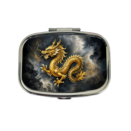 Gold Asian Dragon Watercolor Travel Pill Box Case