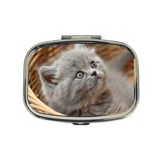 Gray British Longhair Kitten in a Basket Travel Pill Box Case