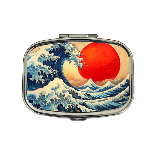 Japanese Blue Ocean Waves Large Red Sun Ink Painting Travel Pill Box Case