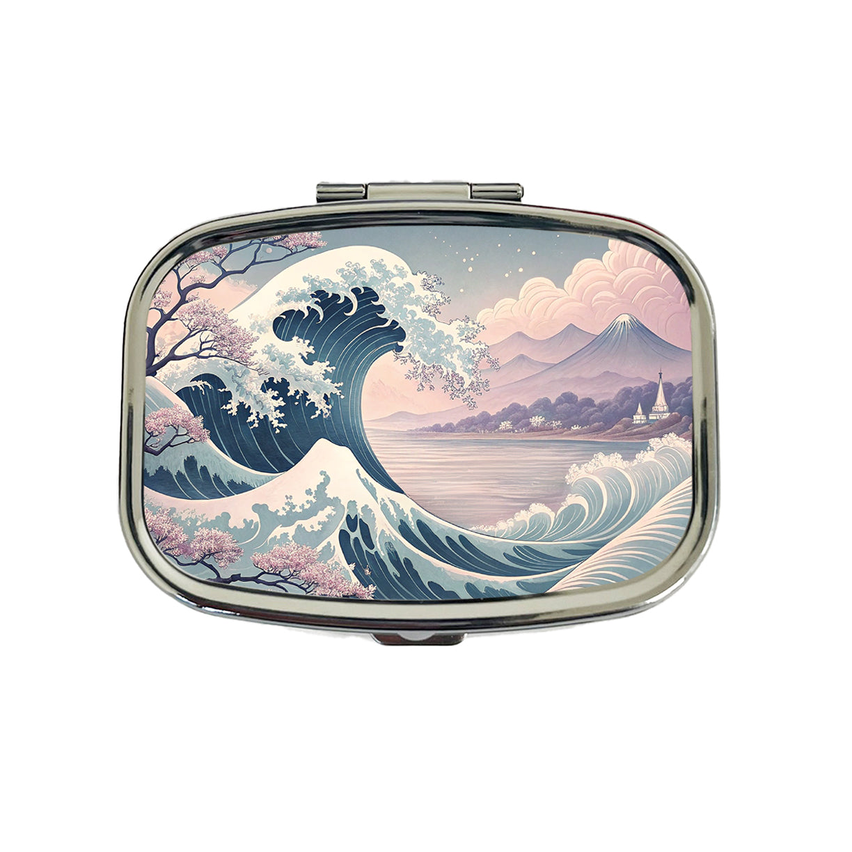 Japanese Blue Pink Ocean Waves and Sakura Blossoms Travel Pill Box Case