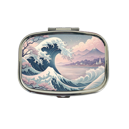 Japanese Blue Pink Ocean Waves and Sakura Blossoms Travel Pill Box Case
