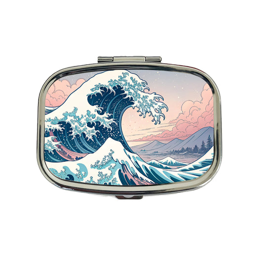 Japanese Blue Pink Ocean Waves Travel Pill Box Case