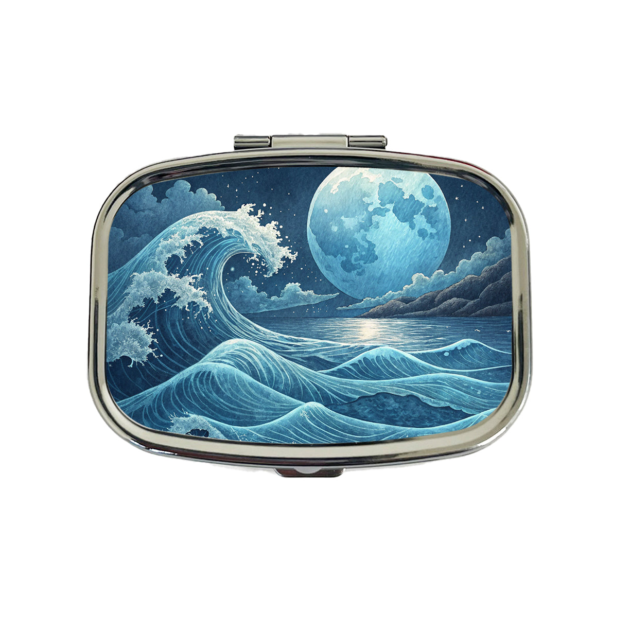 Japanese Ocean Waves Under Large Moon Travel Pill Box Case