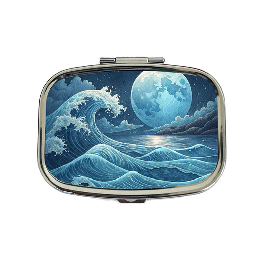 Japanese Ocean Waves Under Large Moon Travel Pill Box Case