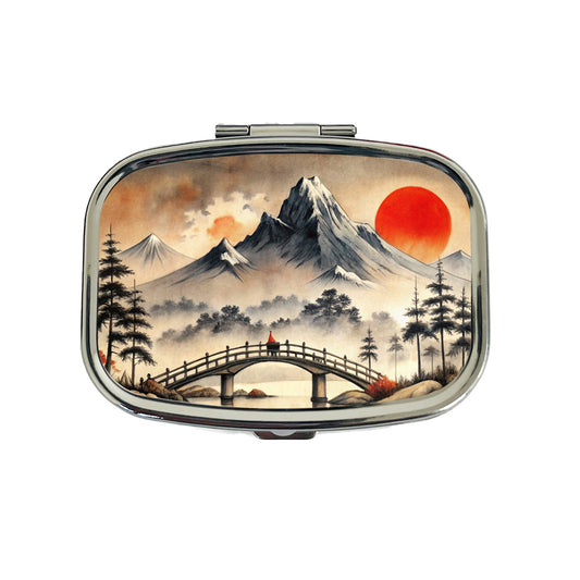 Japanese Style Ink Painting Bridge Over Water Landscape Travel Pill Box Case