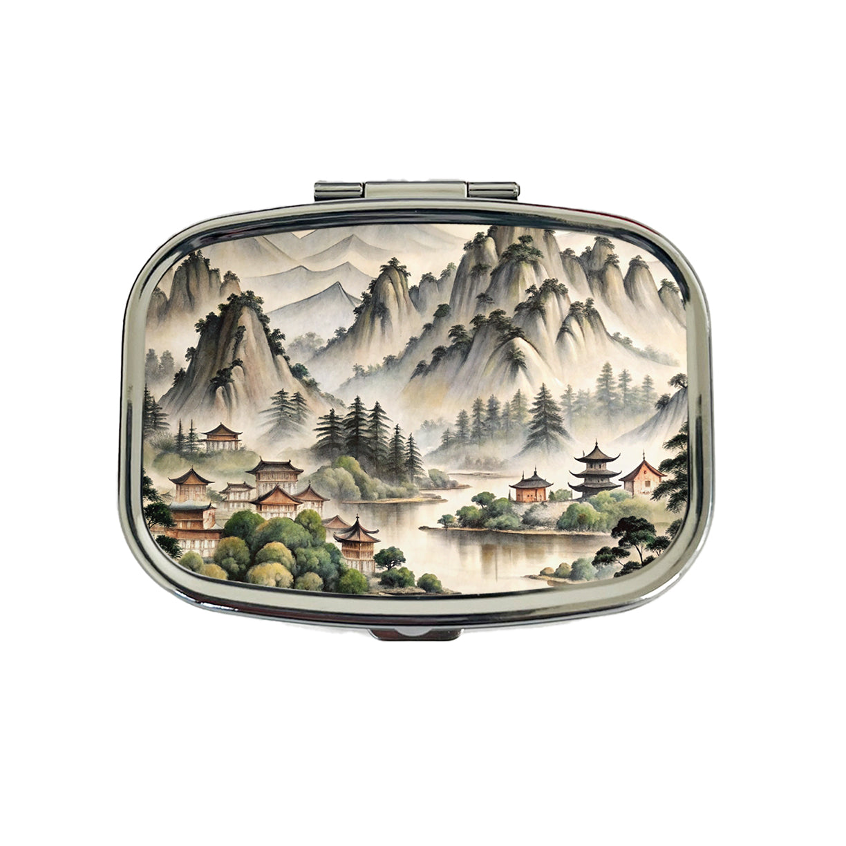 Japanese Style Ink Painting Lake and Mountains Landscape Travel Pill Box Case