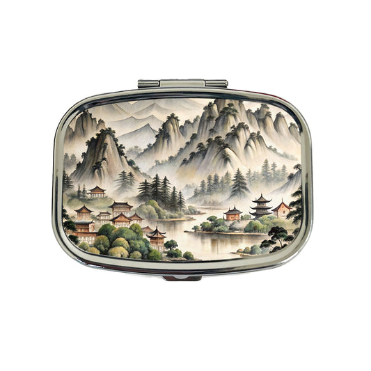 Japanese Style Ink Painting Lake and Mountains Landscape Travel Pill Box Case