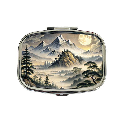 Japanese Style Ink Painting Landscape Misty Mountains Large Moon Travel Pill Box Case