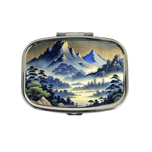 Japanese Style Ink Painting Landscape Mountains At Night Travel Pill Box Case