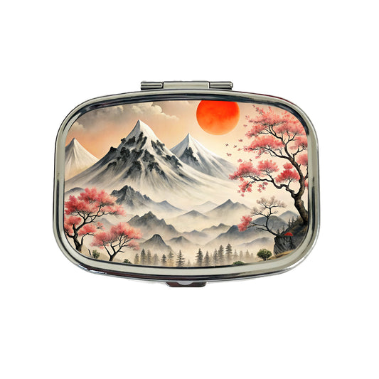 Japanese Style Ink Painting Landscape Mountains Under Red Sun Travel Pill Box Case