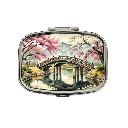 Japanese Style Ink Painting Sakura Trees Bridge Water Landscape Travel Pill Box Case