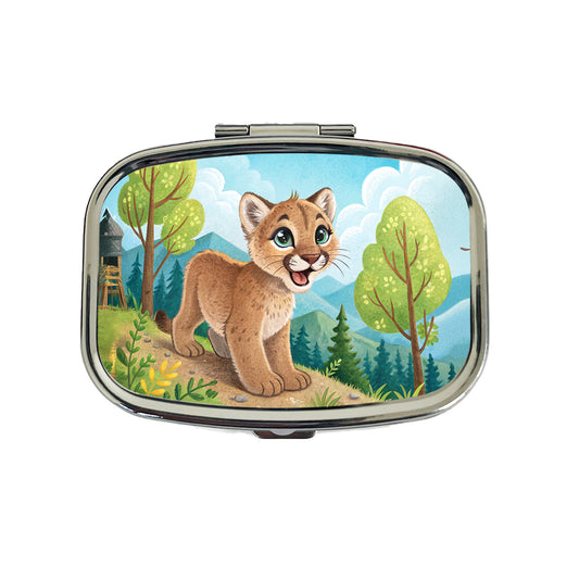 Mountain Lion Cougar Children's Illustration Style Travel Pill Box Case