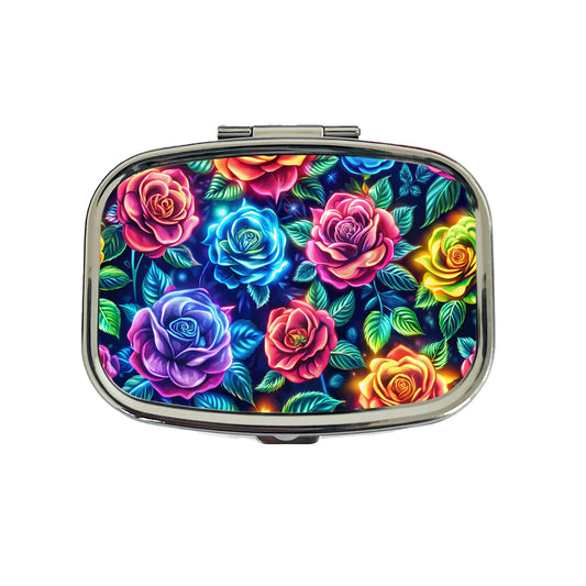 Neon Colorful Rose Floral Pattern Travel Pill Box Case