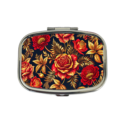 Neon Red And Gold Rose Floral Pattern Travel Pill Box Case
