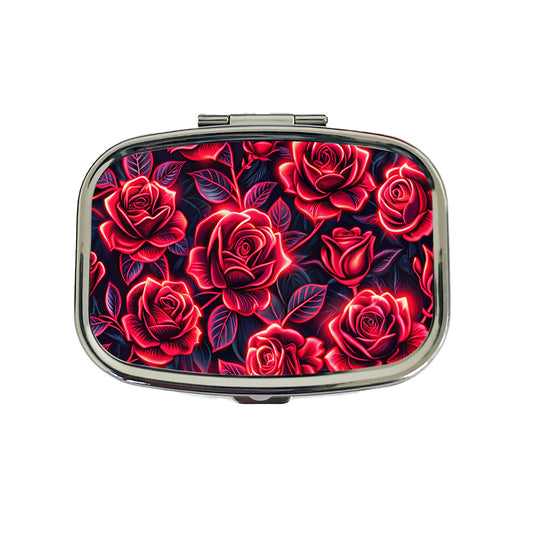 Neon Red Rose Floral Pattern Travel Pill Box Case