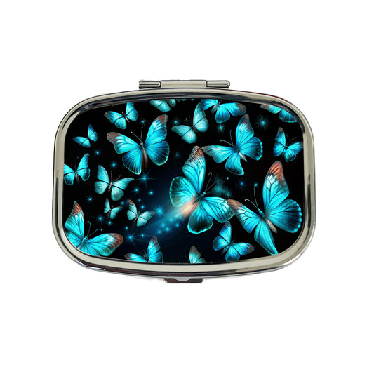 Neon Teal Blue Butterflies Travel Pill Box Case