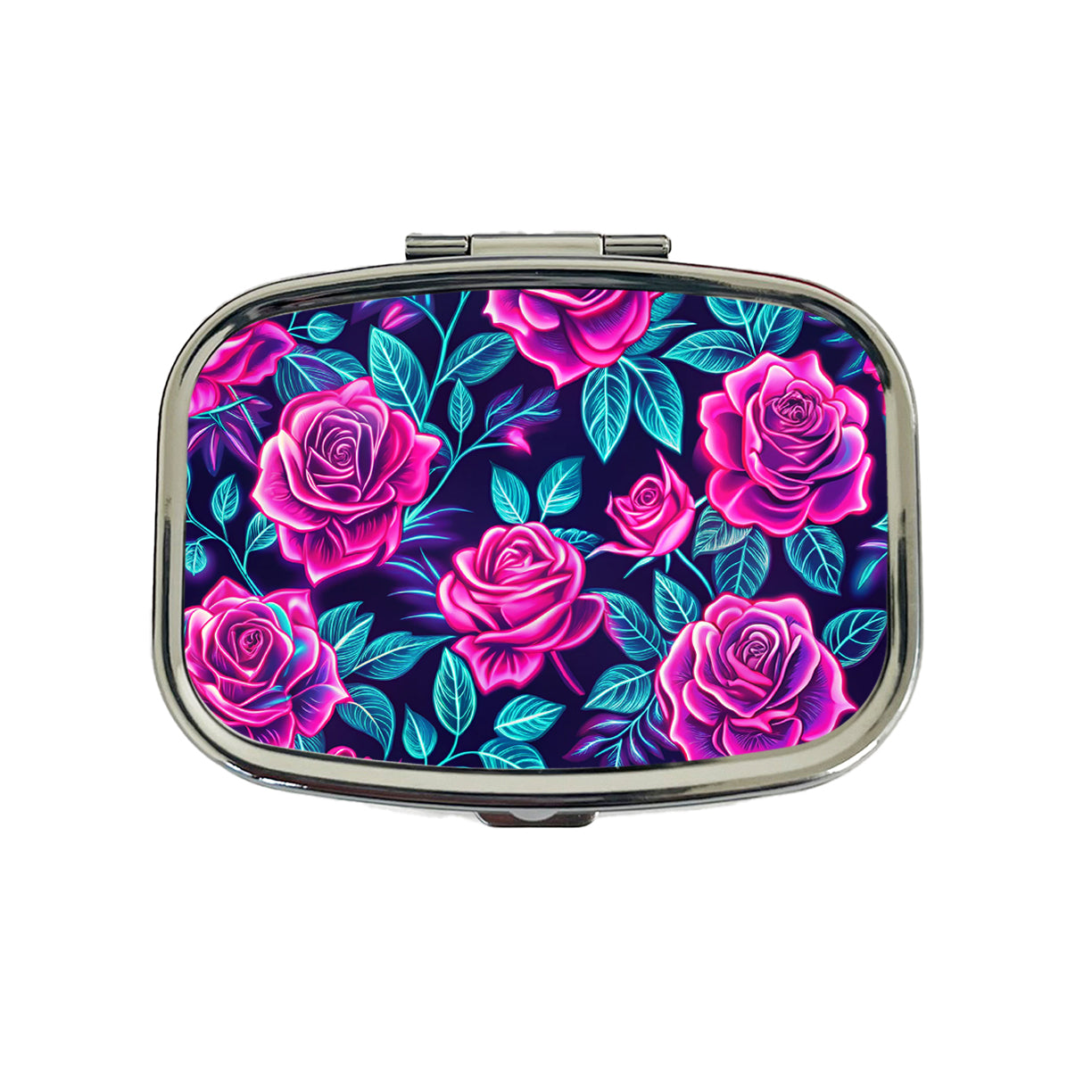 Pink Neon Rose Floral Pattern Travel Pill Box Case