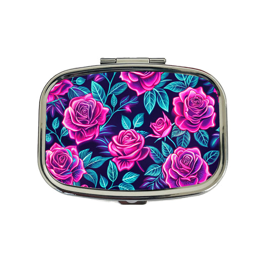 Pink Neon Rose Floral Pattern Travel Pill Box Case