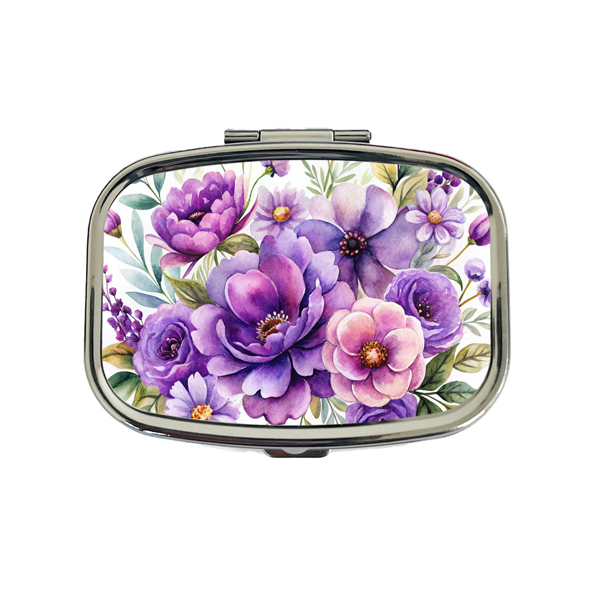 Purple Watercolor Flowers Travel Pill Box Case