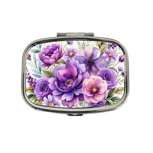 Purple Watercolor Flowers Travel Pill Box Case