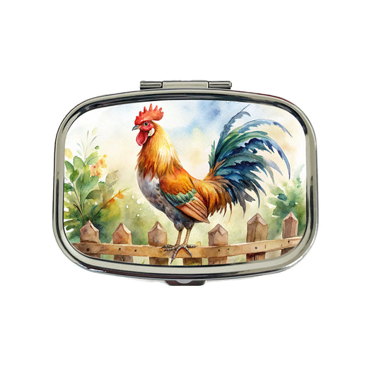 Rooster On Fence Watercolor Travel Pill Box Case