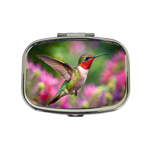 Ruby Throated Hummingbird Flying Backyard Bird Travel Pill Box Case