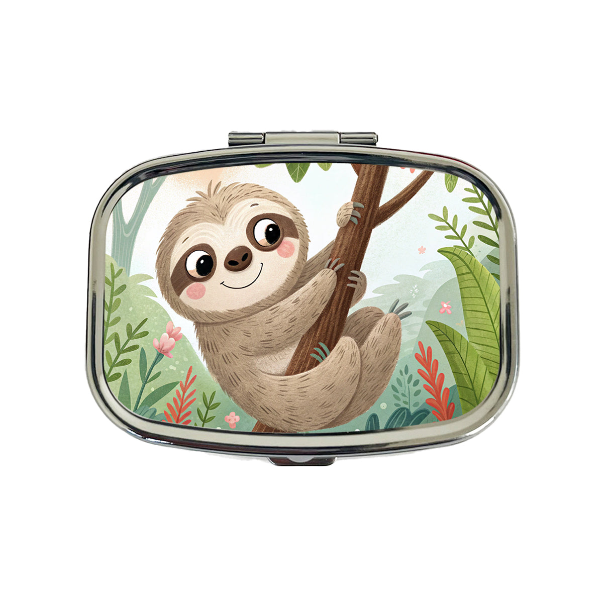 Sloth on Tree Children's Illustration Style Travel Pill Box Case