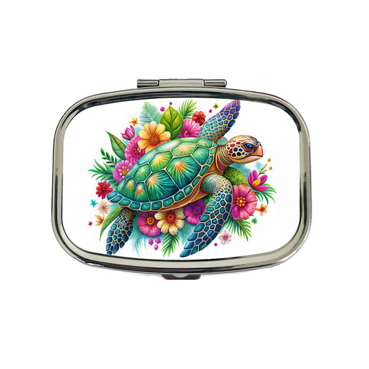 Tropical Sea Turtle Floral Design Travel Pill Box Case
